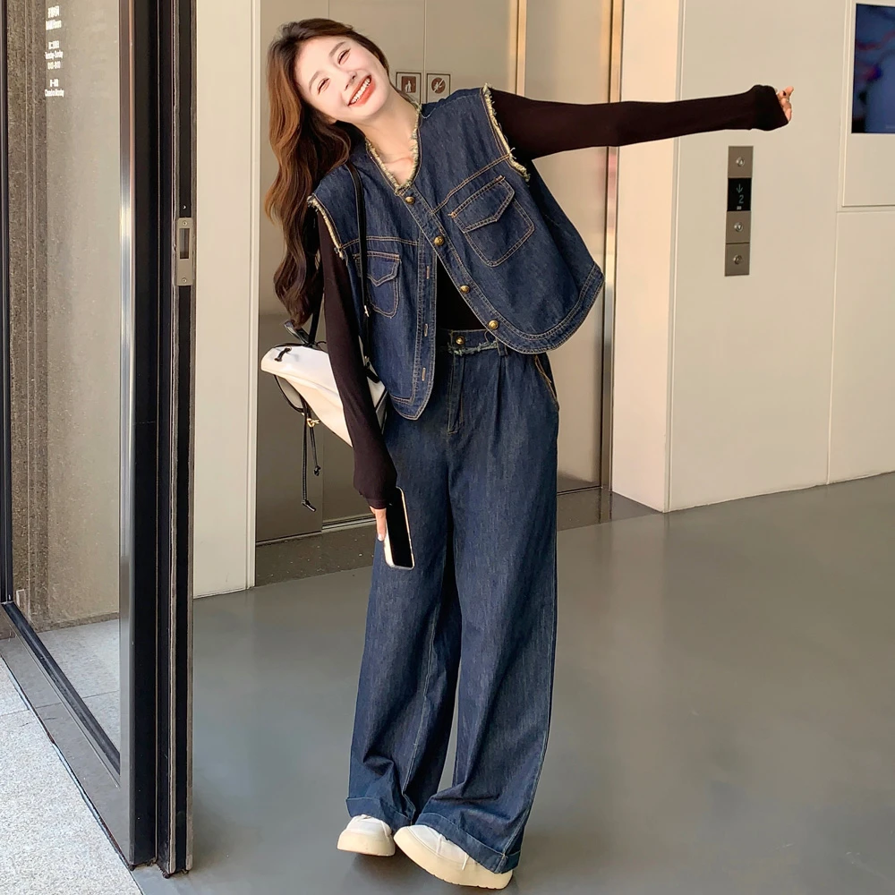 设计感复古毛边牛仔马甲阔腿裤两件套女2025秋季新款气质时髦套装