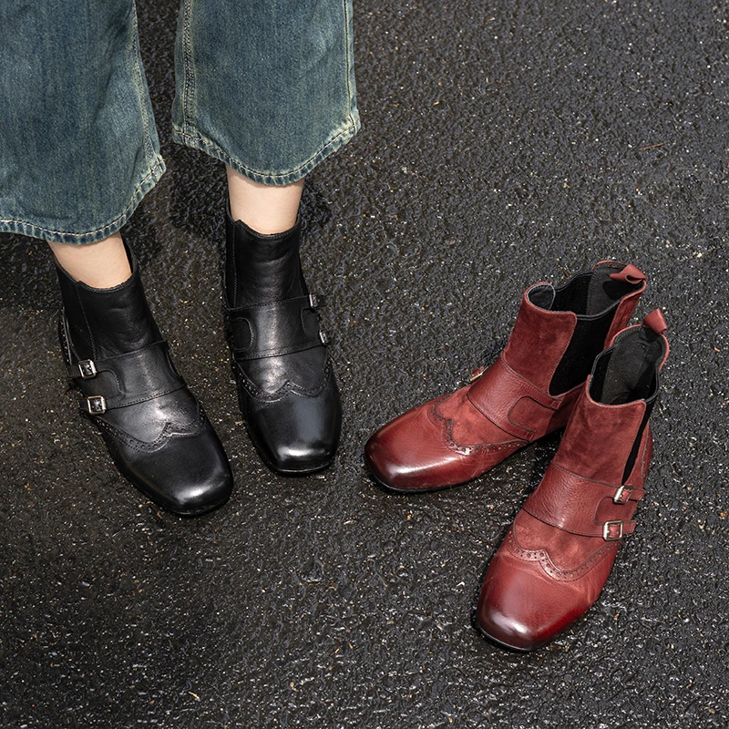 2025年秋冬新款英伦风切尔西靴子女真皮百搭休闲平底布洛克短靴女