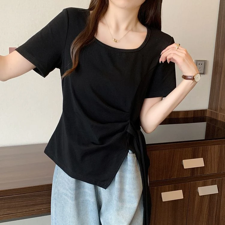 棉质大码胖mm遮肚子显瘦上衣女夏季新款设计感开叉绑带短袖T恤潮