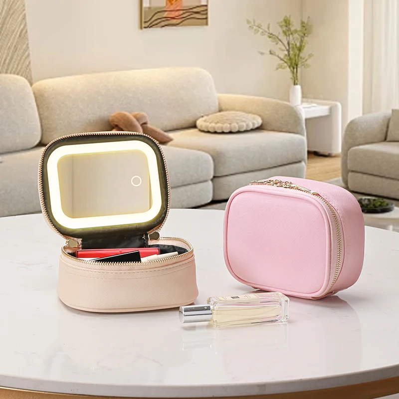 便携小巧化妆包带LED灯带镜子首饰盒创意时尚旅行收纳包收纳盒