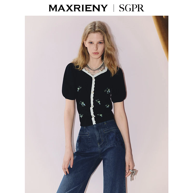 MAXRIENY【商场同款】2025提花小香风宫廷感泡泡袖秋针织衫上衣
