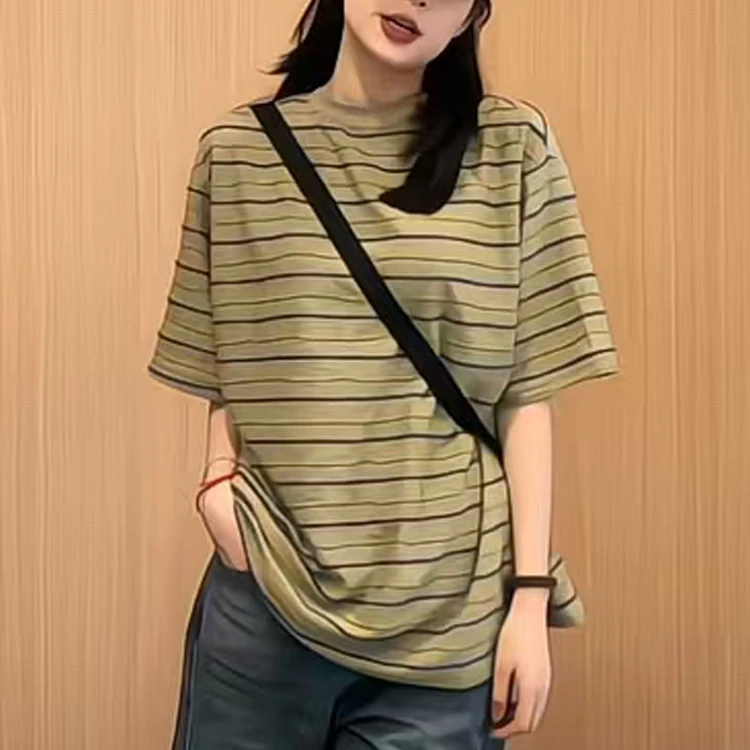 设计感韩版条纹短袖T恤女2025夏季新款时尚休闲百搭显瘦圆领上衣