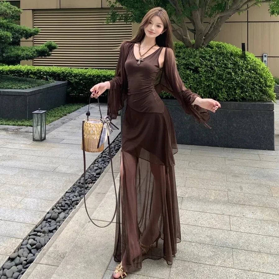 高级复古性感V领网纱开叉收腰显瘦吊带连衣裙包臀长裙+防晒开衫女