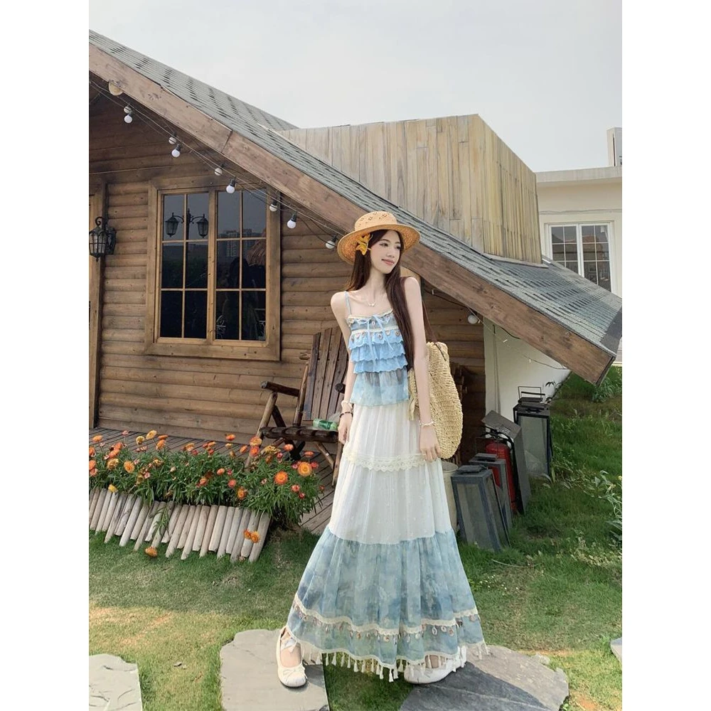 度假风小众设计层层吊带衫上衣高腰半身裙两件套2025夏季休闲套装