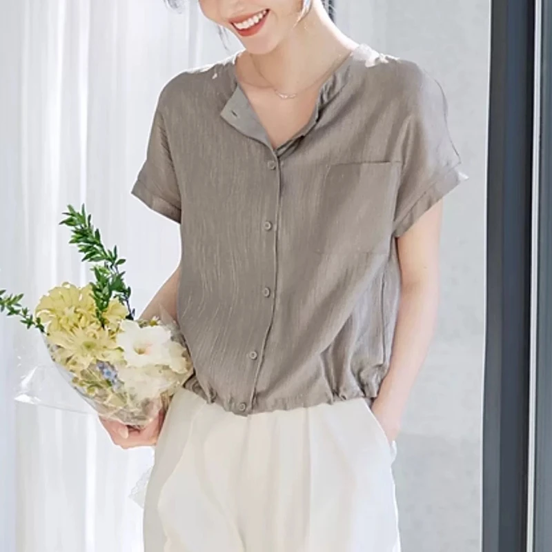 韩版时尚缎面灰色短袖衬衫女2025夏季新款气质修身显瘦女士衬衣夏