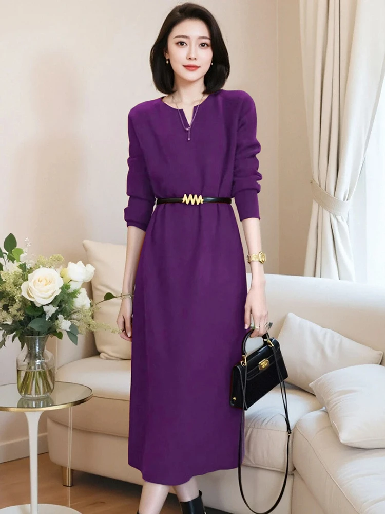 气质针织过膝连衣裙女秋冬新款轻奢时尚显瘦毛衣裙中长款打底裙子