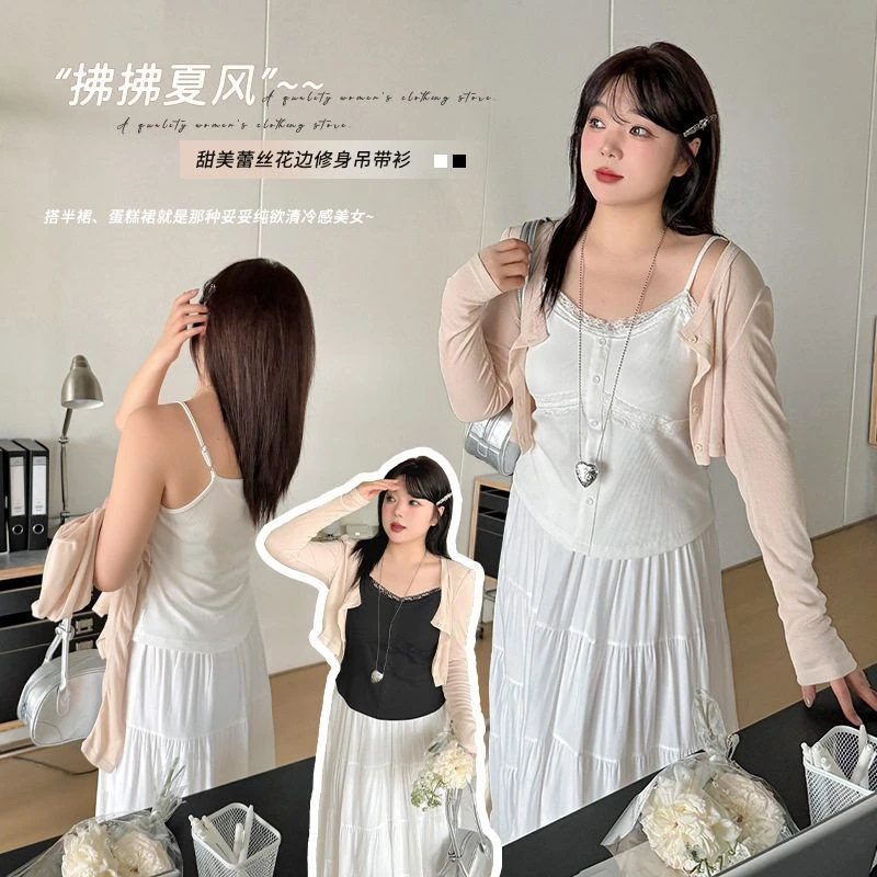 胖mm蕾丝拼接小吊带背心2025春夏新款纯欲修身显瘦内搭打底上衣