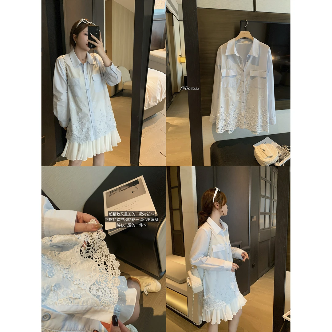 现货大婉酱微胖定制【空中花园】100棉蕾丝拼接衬衫女宽松上衣9580D