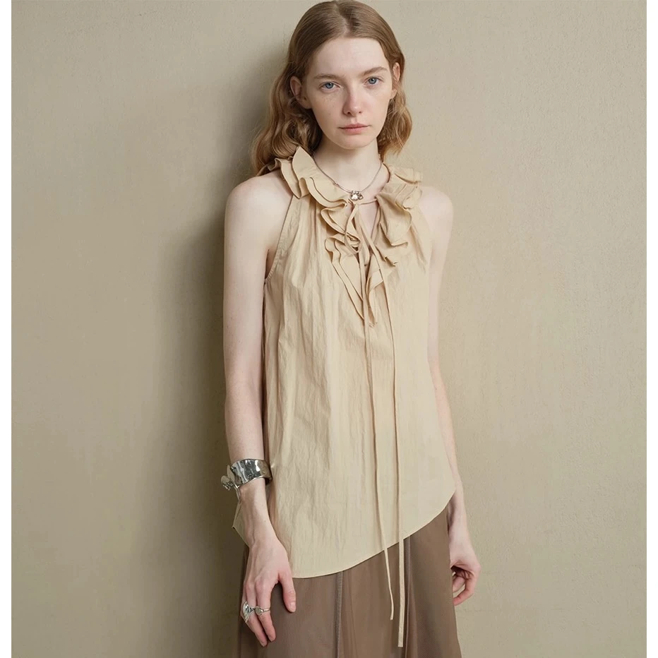 someone sometimes原创设计立体双层荷叶花边挂脖绑带无袖背心