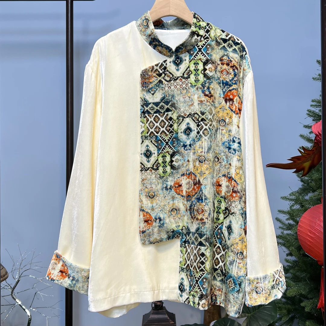 艺术家 - 桑蚕丝油画丝绒！新中式国风立领斜襟外套