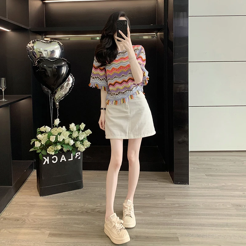 套装女2025新款爆款洋气针织短袖钩花镂空小香风上衣女白色牛仔裙