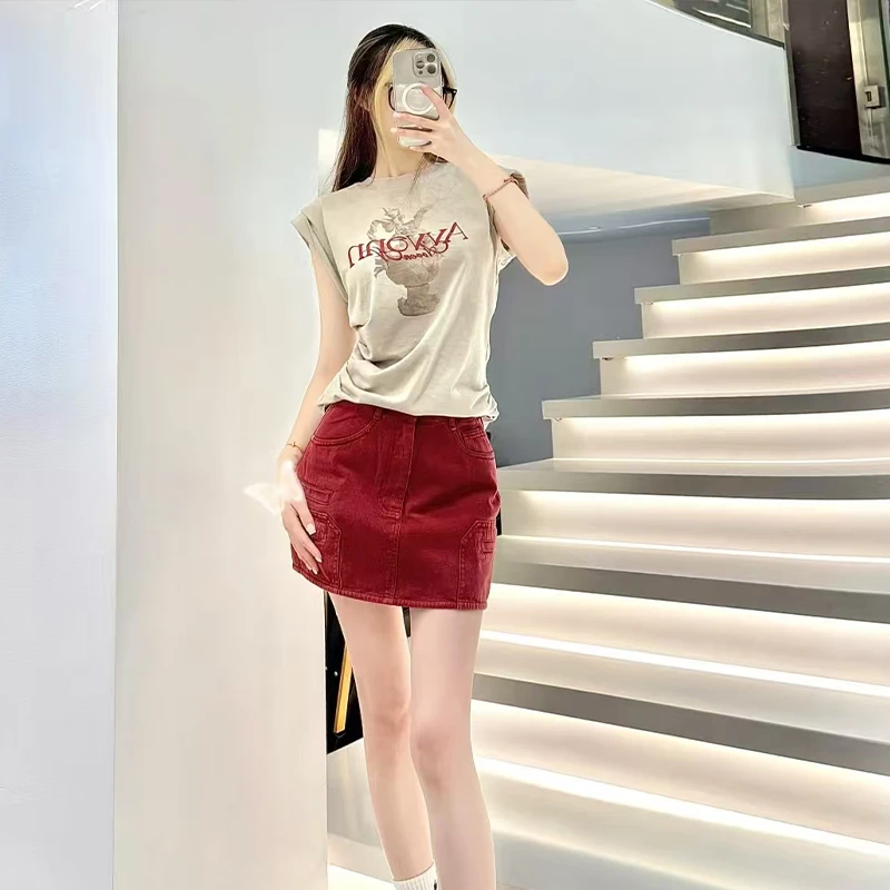 AVVENN2025夏季新品卷边侧身抽褶显瘦无袖圆领基础T恤