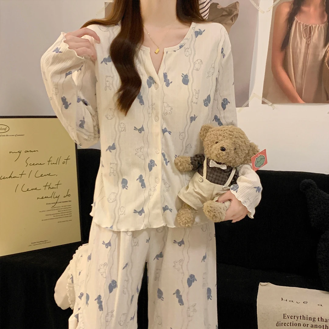 睡衣秋女款春秋冬季2025新款精梳棉长袖性感带胸垫兔子家居服套装