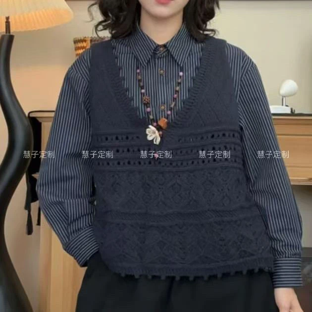 慧子“古早毛衣”秋冬设计款重磅抗起球宽松V领针织镂空百搭马甲