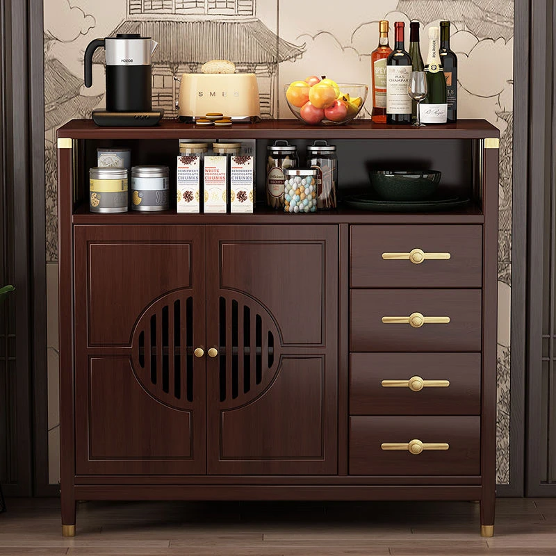 餐边柜家用茶水柜客厅置物柜楠竹储物柜靠墙一体新款复古茶边柜