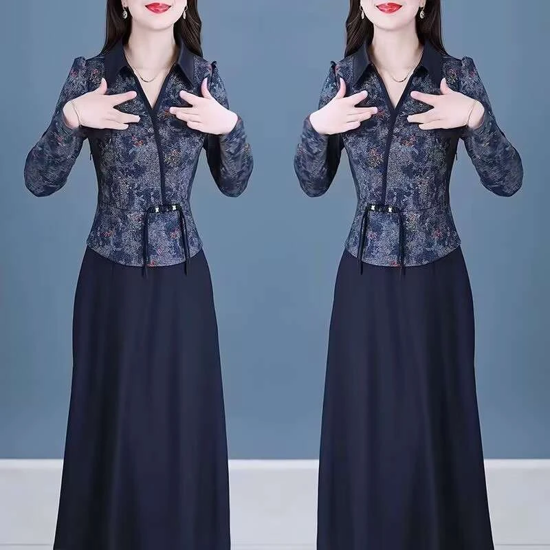 年妈妈时尚洋气礼服裙休闲春秋新款假两件套减龄显瘦碎花连衣裙.