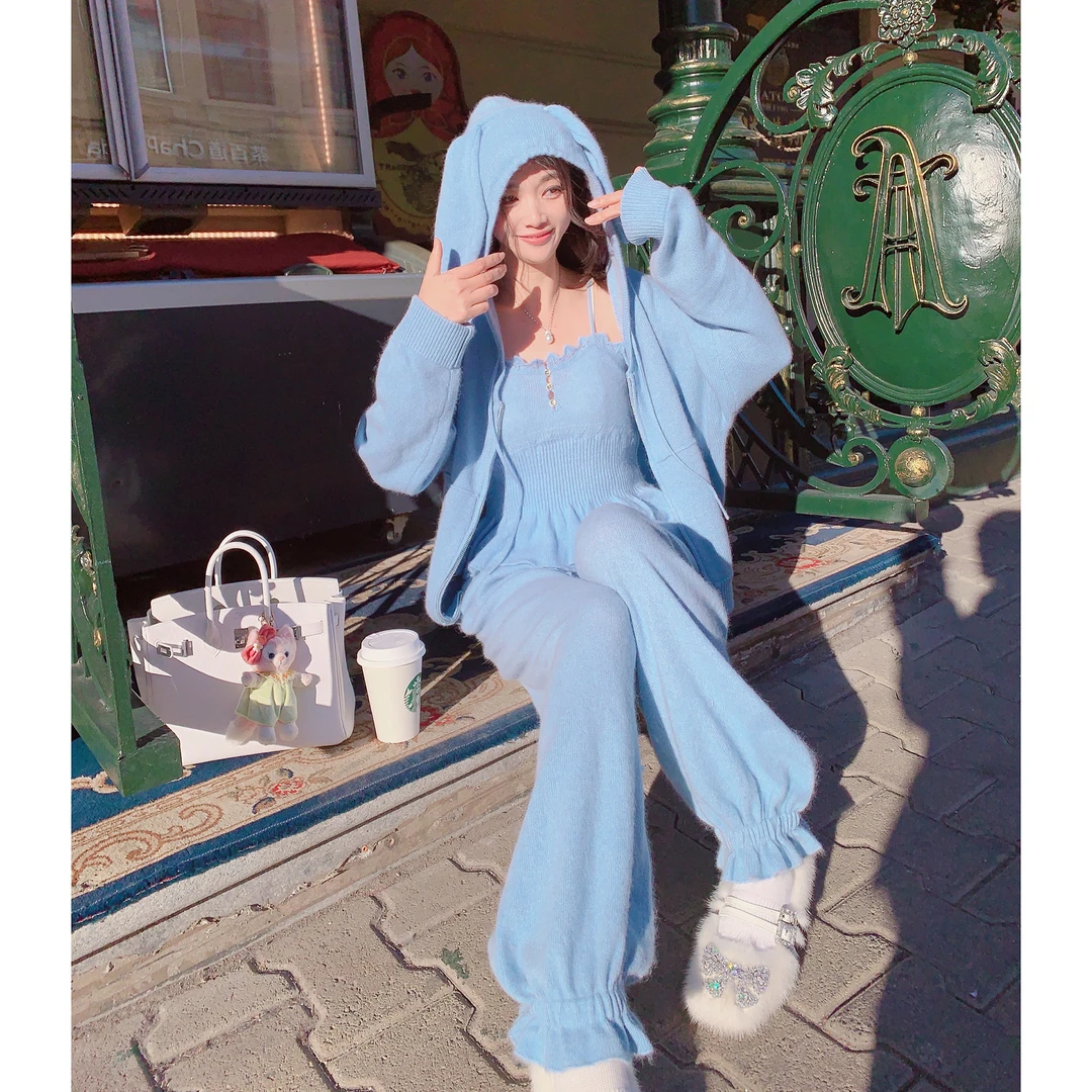 MissLuxury【韩剧女主】狐狸绒女冬连帽外套吊带长裤套装针织保暖