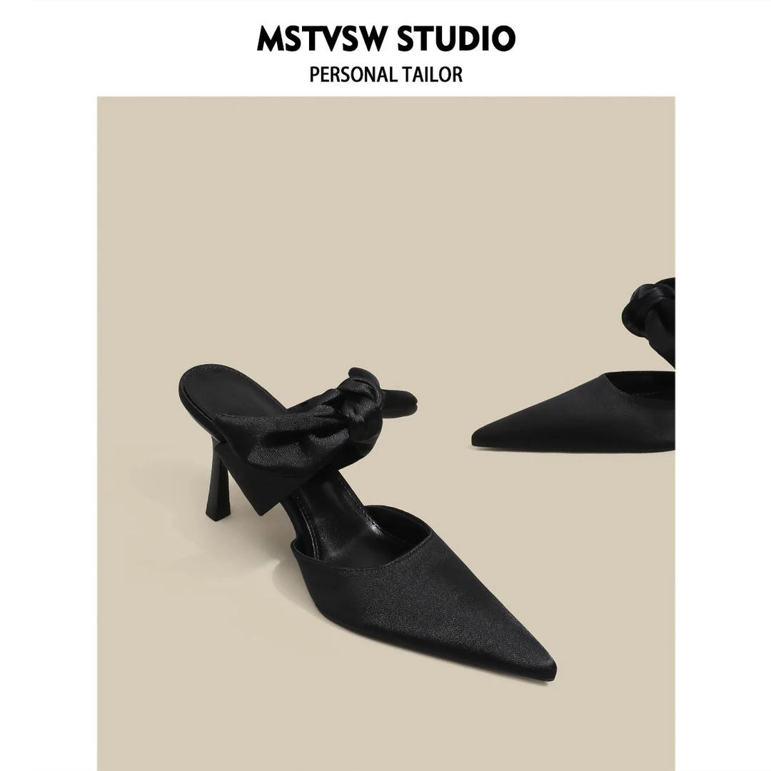 【韩国JTG&Shoes官方正品】潮流黑色绸缎尖头细跟高跟鞋蝴蝶结气