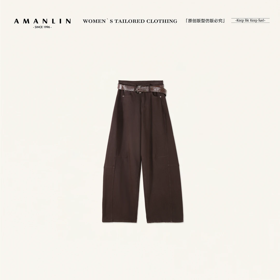 AMANLIN/阿谩琳琥珀流光咖色弯刀女秋冬季加厚直筒牛仔裤S603135