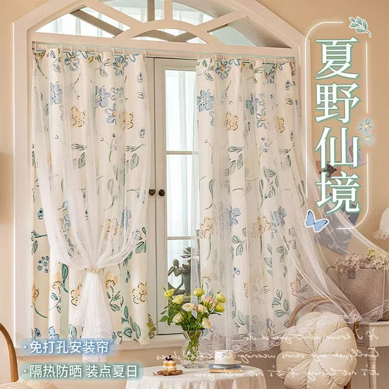 免打孔安装半遮光窗帘2025新款透光不透人纱帘出租房小窗户遮挡帘