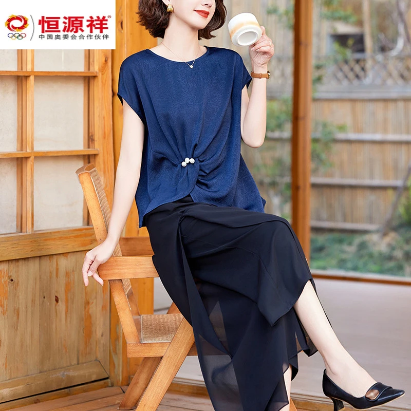 恒源祥彩羊中年妈妈夏装高贵恤小衫套装2025新款洋气衬衣两件套母