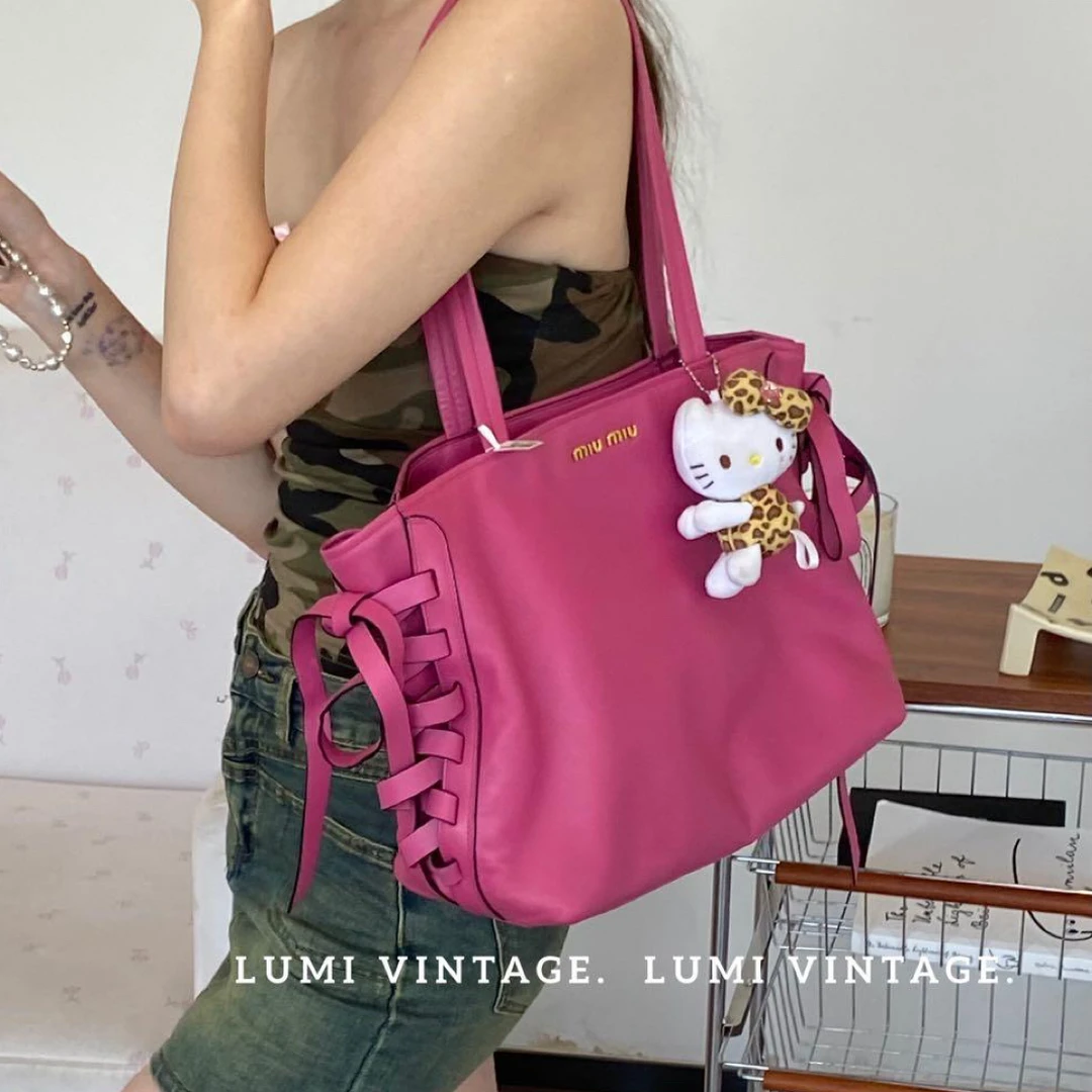 95新 MIU MIU/缪缪 玫粉色蝴蝶结托特单肩包73586805