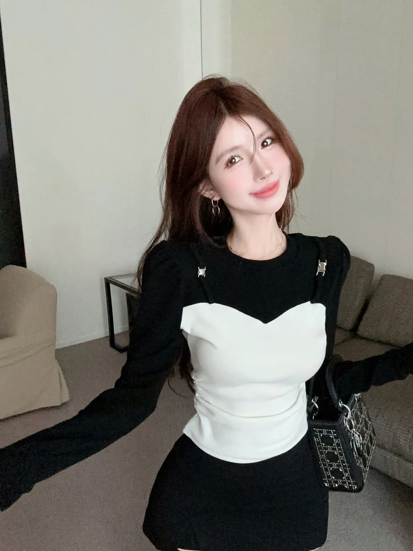 小香风假两件长袖t恤女秋季新款设计感小众泡泡袖上衣打底衫内搭