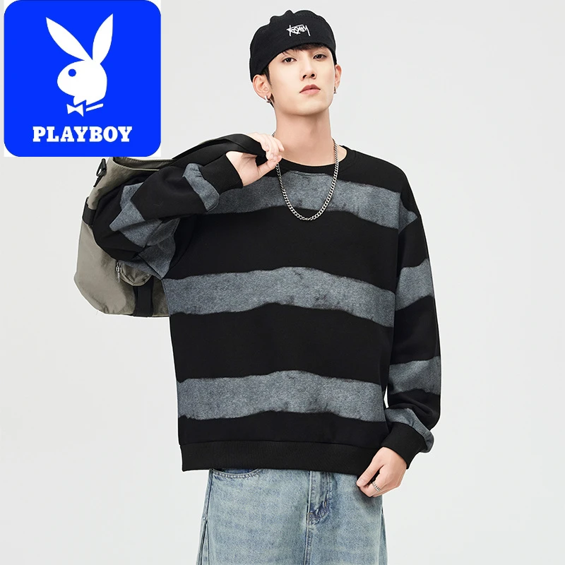 花花公子秋冬长袖休闲宽松潮流拼接撞色时尚百搭男士卫衣花花公子