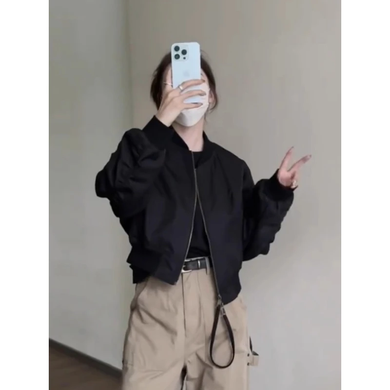 黑色短款棒球服外套女春秋新款时髦洋气小个子休闲百搭夹克上衣