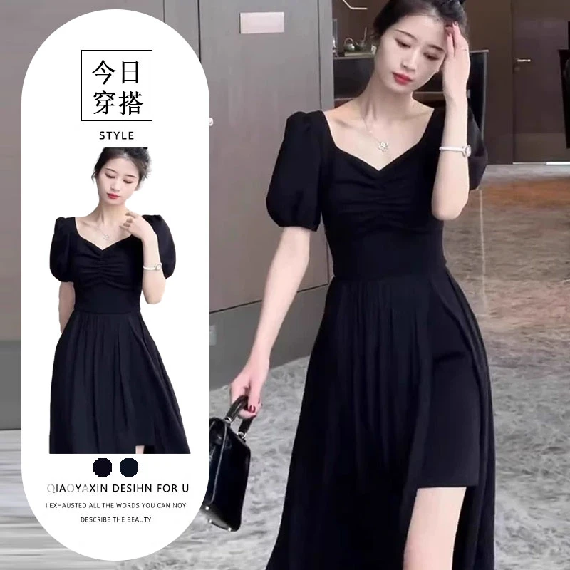 欧洲站2025夏季新款法式赫本风黑色连衣裙气质开叉长裙收腰显瘦女