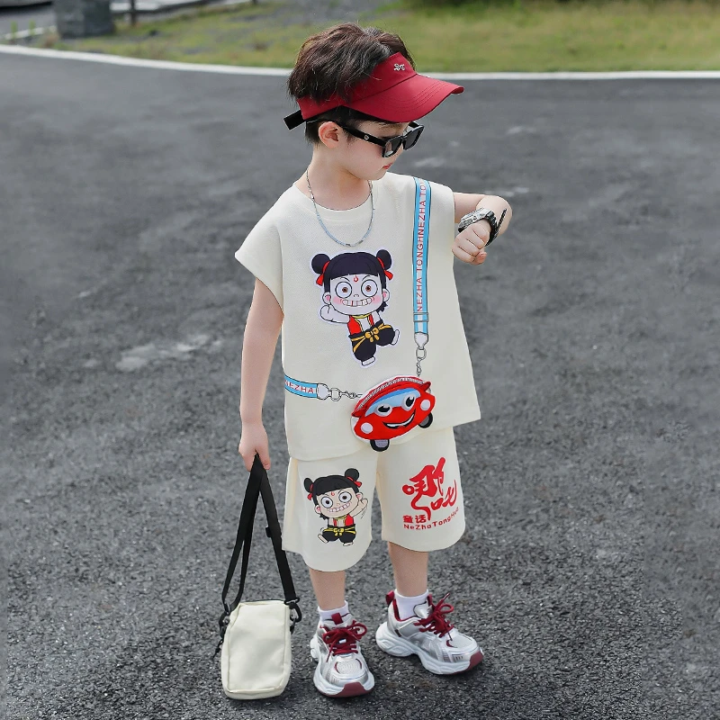 哪吒儿童服装无袖男童背心短裤夏季套装男孩衣服宝宝夏装2025新款