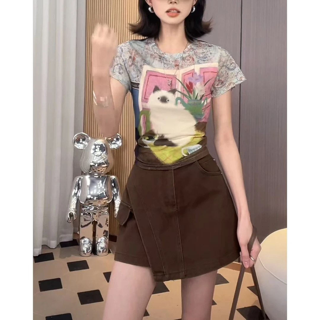 美式复古设计感减龄T恤时尚洋气气质女百搭圆领修身显瘦短款上衣