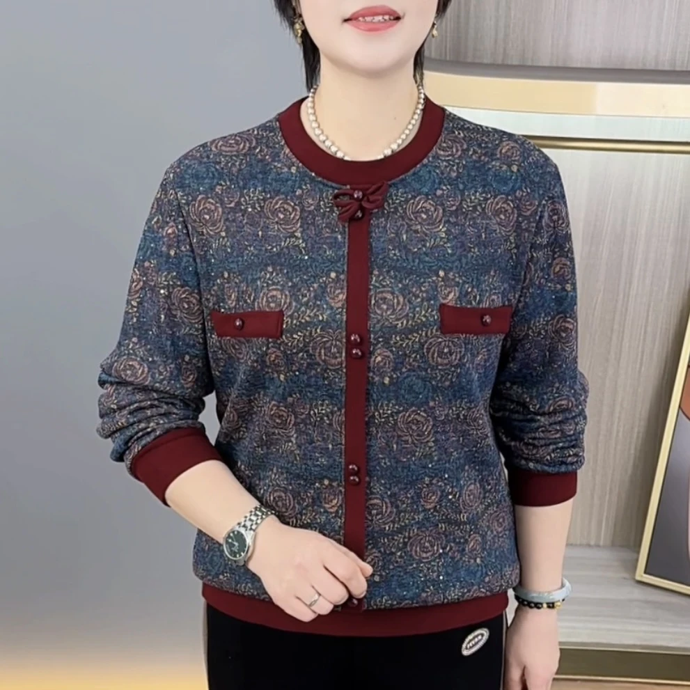 秋冬新款精致圆领时尚印花加绒打底上衣休闲保暖气质妈妈装H6661