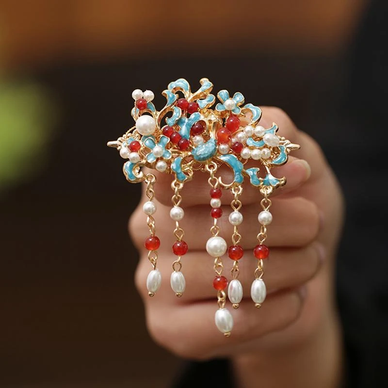 半扎发夹女2024新款红色耳边夹小后脑勺发卡红色烧蓝流苏发饰古风