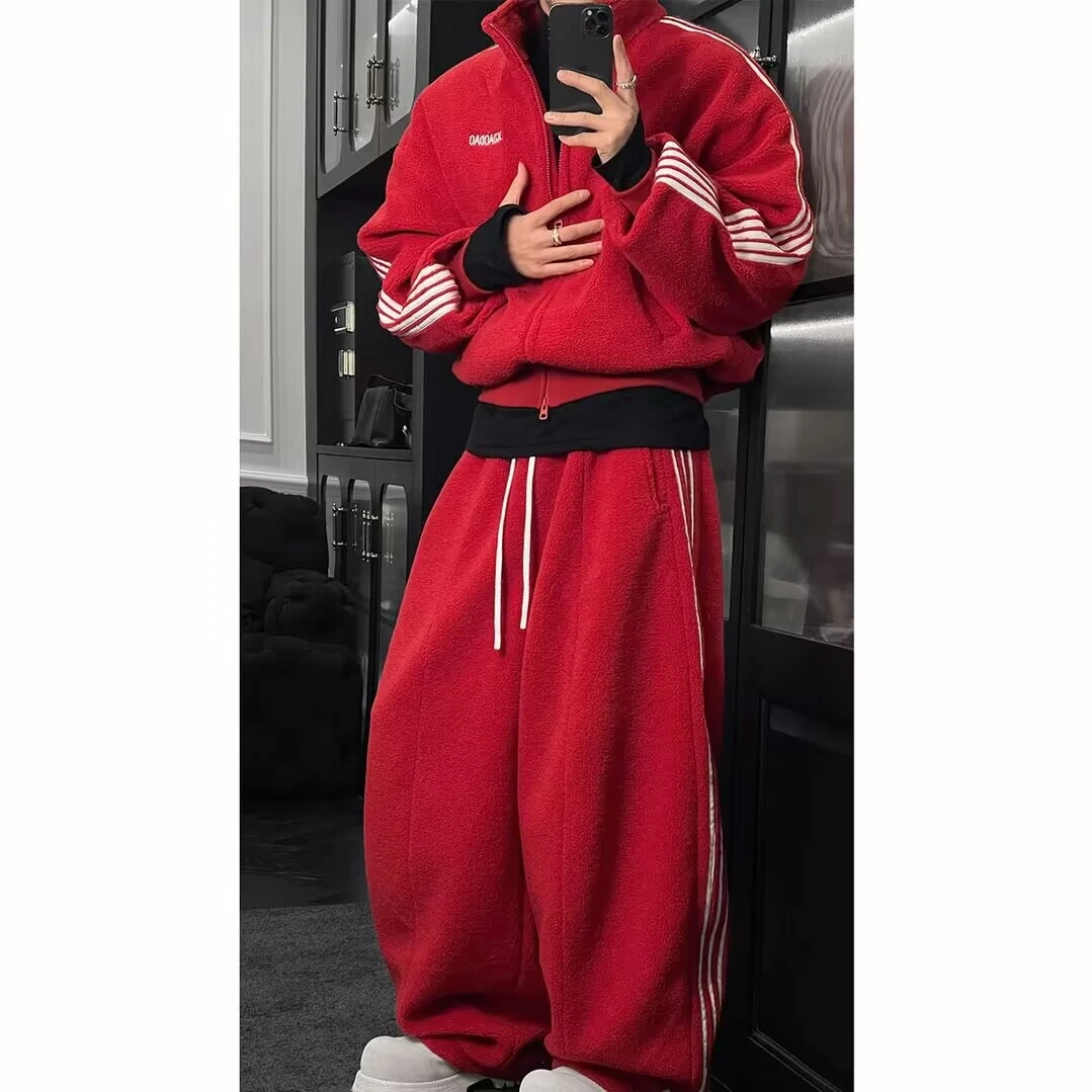 时尚潮流冬季新品美式复古运动条纹加绒百搭外套宽松长裤套装