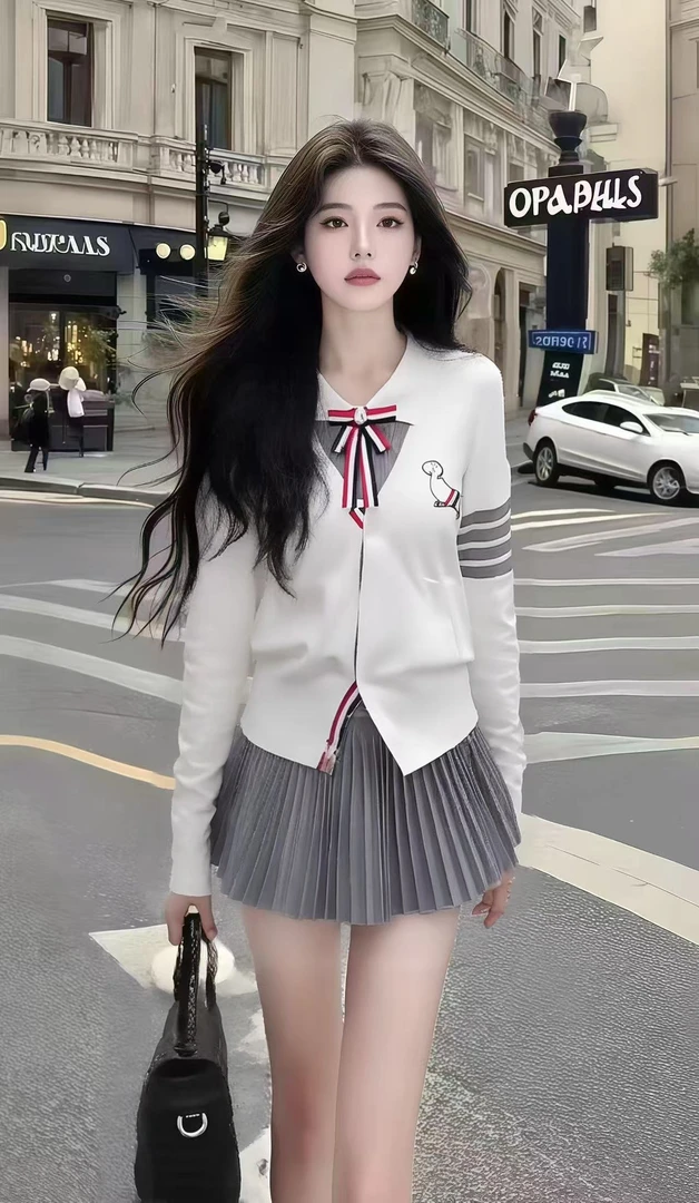 新款小清新休闲风穿搭白色长袖V领设计感上衣+灰色百褶半身裙套装