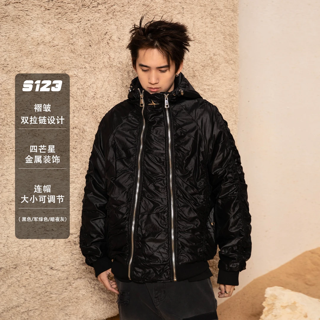 【压缩棉服】美式褶皱金属装饰保暖夹克个性痞帅拉链飞行服棉衣8063