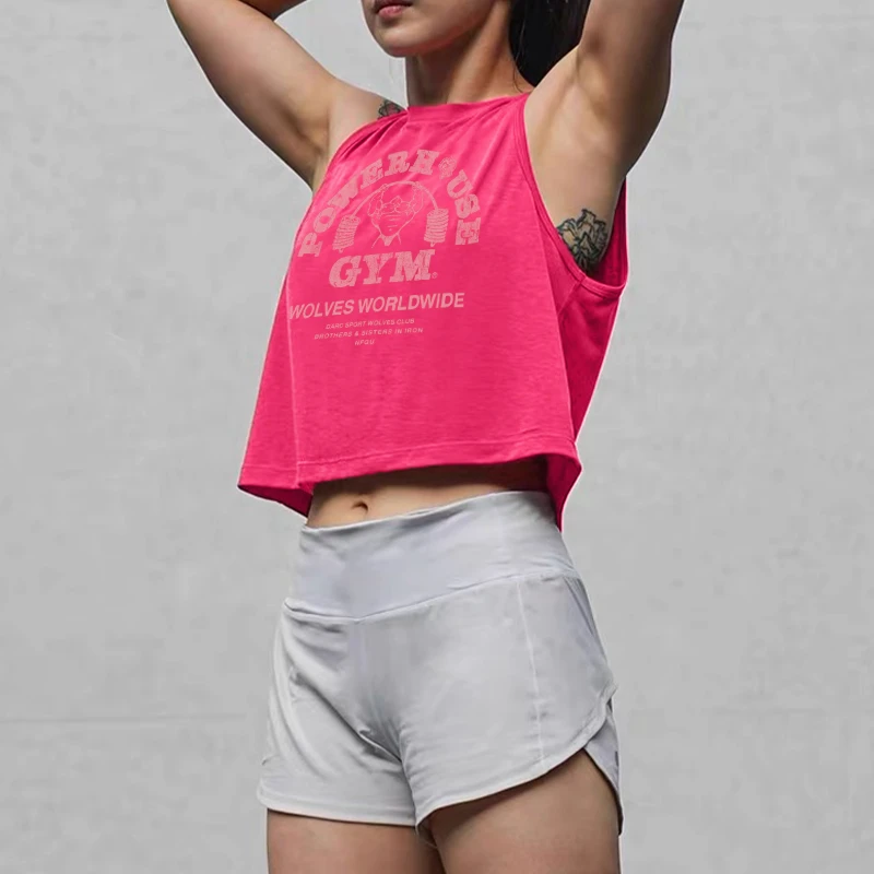 GYM 水洗高腰狼头复古做旧渐变印花 top女生健身训练宽松无袖背心