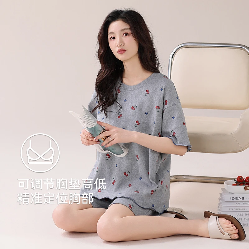 睡衣女款2025新款夏季纯棉带胸垫一体短袖夏款女士元气家居服夏天