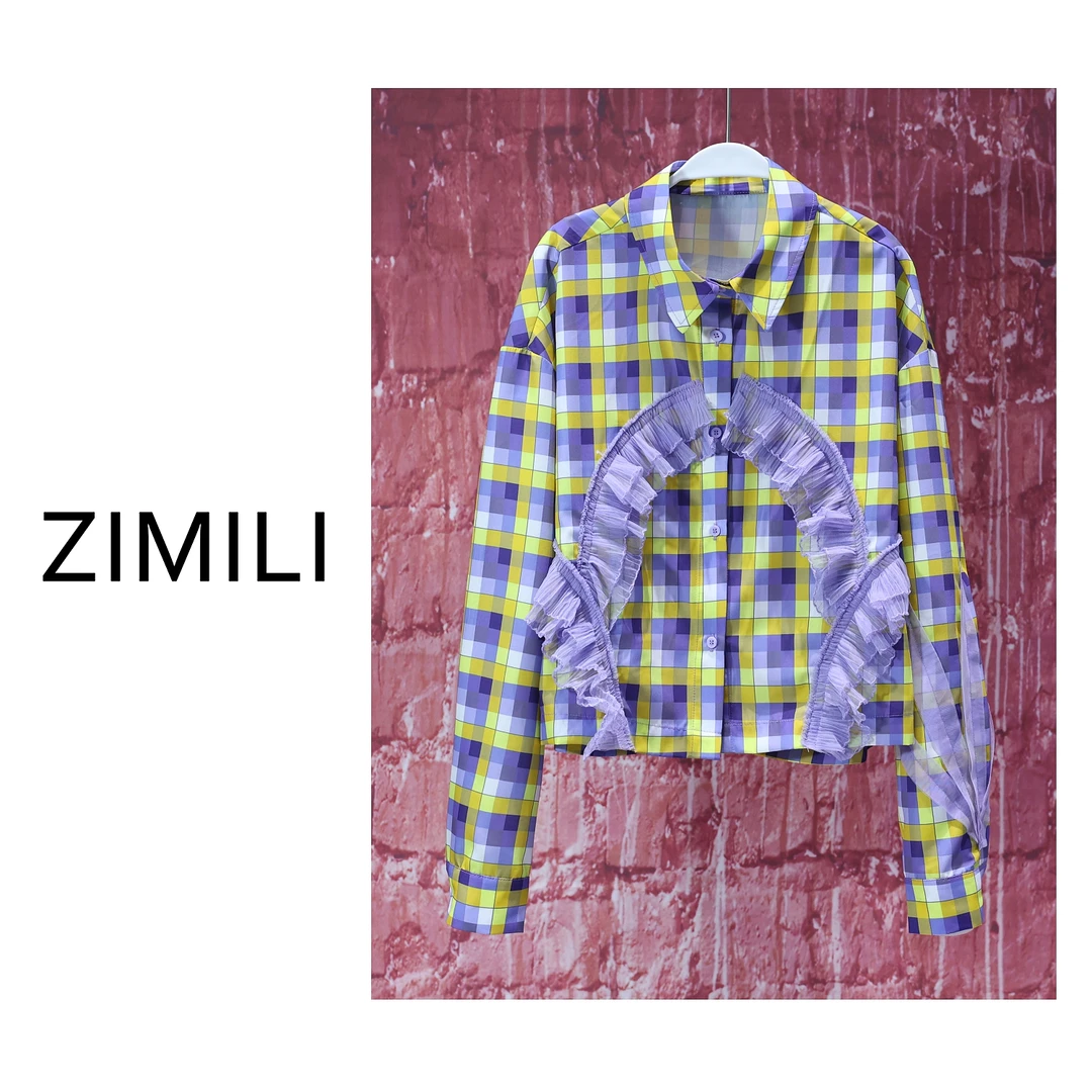 【亮哥女装】2025黄紫撞色格纹拼接舒适蕾丝衬衫6153