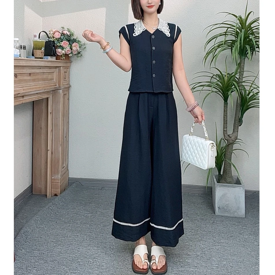 时尚套装2025新款蕾丝翻领休闲上衣+裤子两件套M189