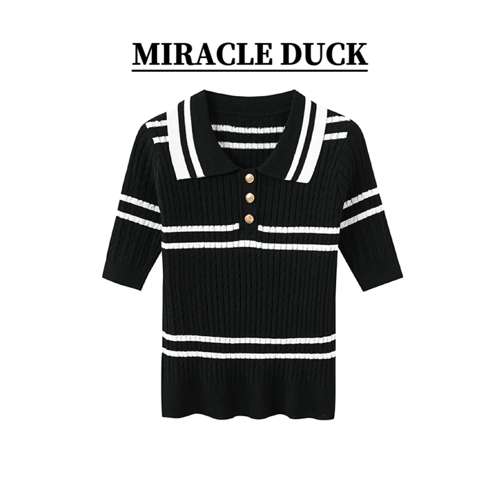 夏季法式气质冰丝针织衫修身条纹翻领女装短袖C1623