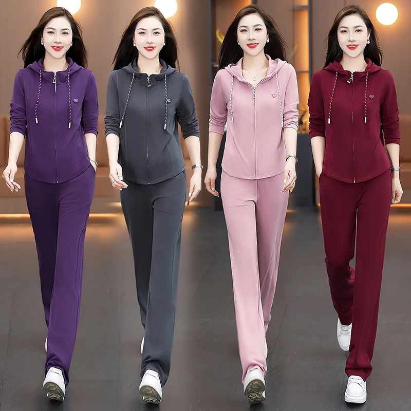 时尚跑步服套装女2025秋季新款宽松显瘦连帽卫衣直筒裤大码两件套