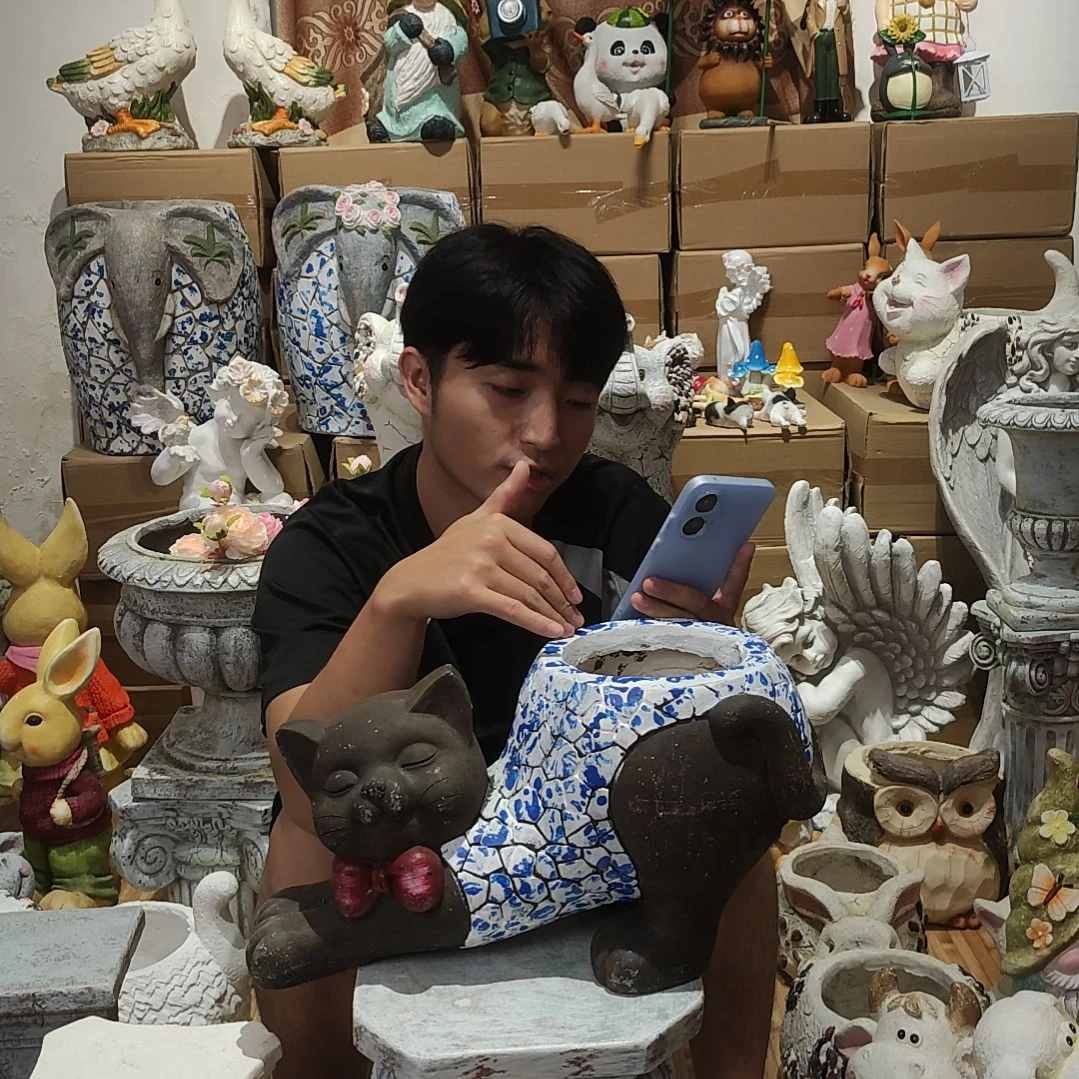 合成树脂青花猫咪花盆