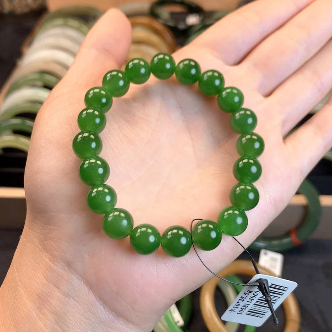 和田玉未镶嵌手串-冰底阳绿漏串