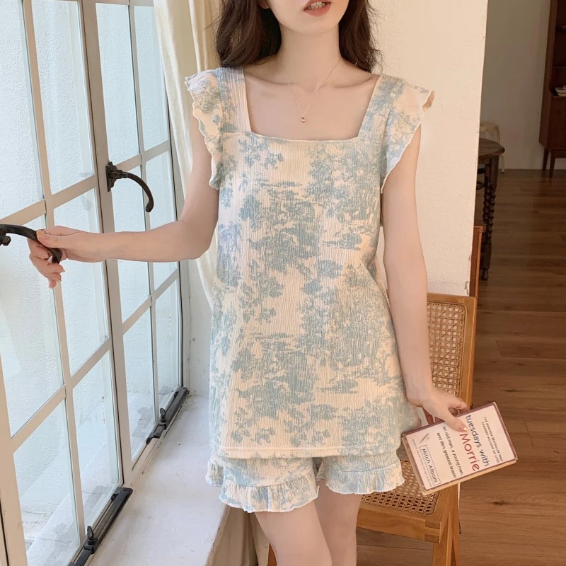 可爱甜美短袖短裤睡衣女夏季新款套装碎花纯欲花边宽松休闲家居服