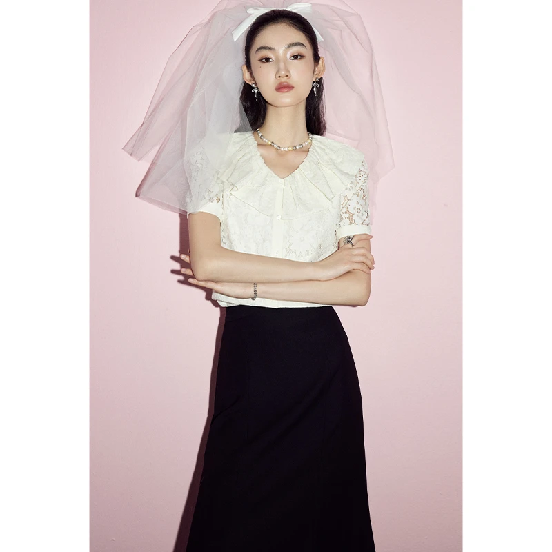 【陈大可专属】MandyZhang蕾丝小衫女夏飘带衬衫XS0069