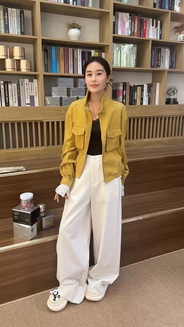 Miss Huo 蕾丝边袖口休闲外套 黄色 A 253071