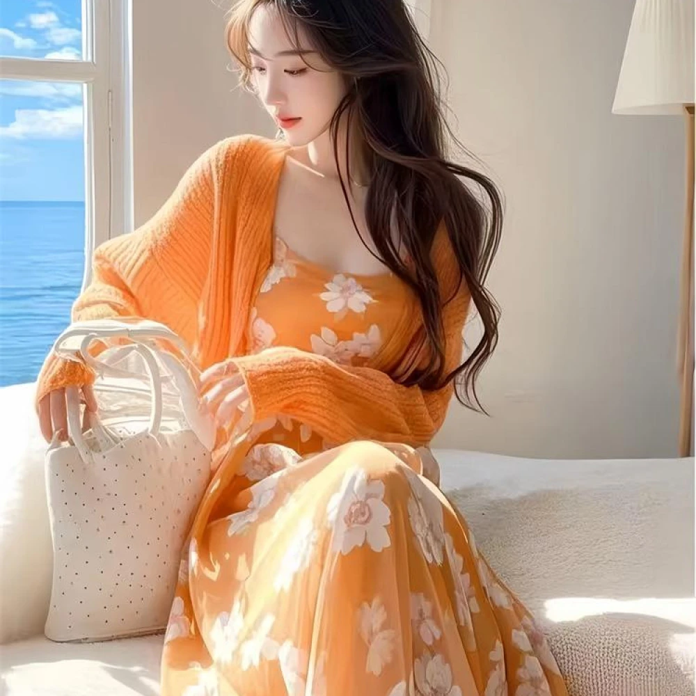 2025春季新款韩系穿搭高级感针织开衫法式桔梗橘色碎花连衣裙套装