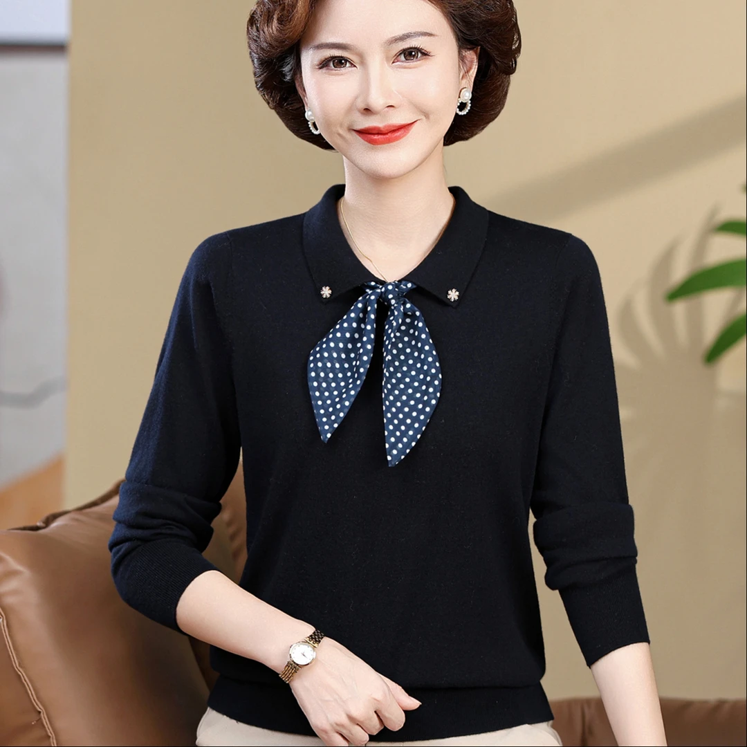 中老年女装秋冬翻领针织衫丝巾套装妈妈装百搭显气质内搭亲肤保暖